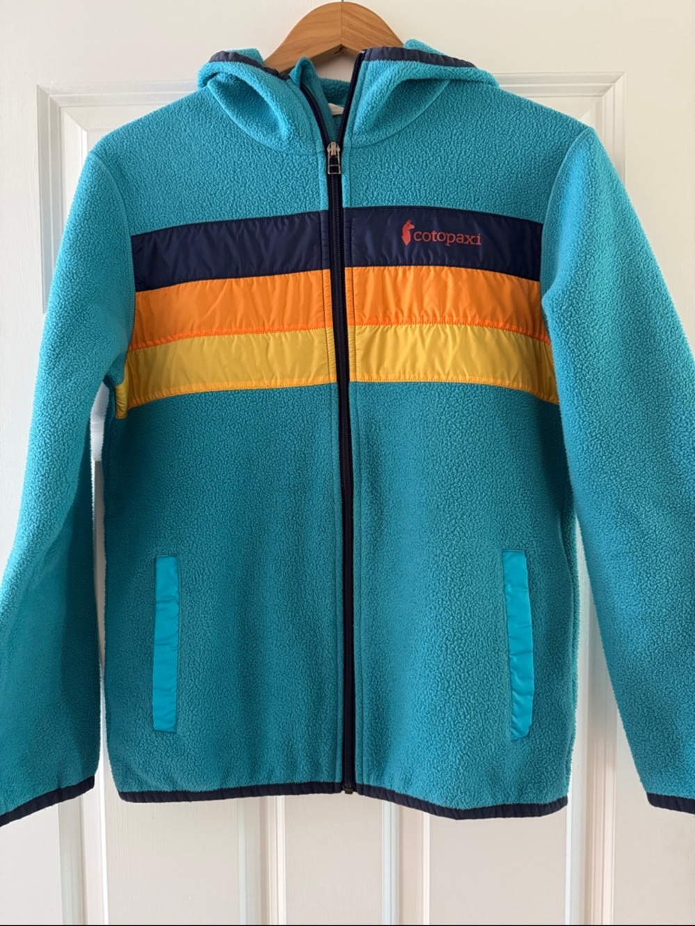 Cotopaxi turquoise fleece jacket with hood. Size Small